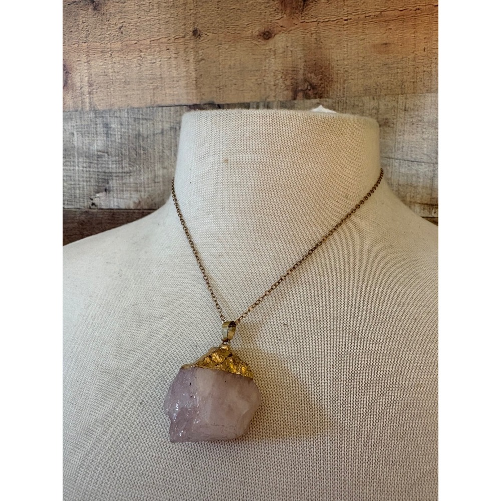 Raw Rose Quartz Crystal Pendant Necklace Gold Tone Boho Rough Cut Pink Stone